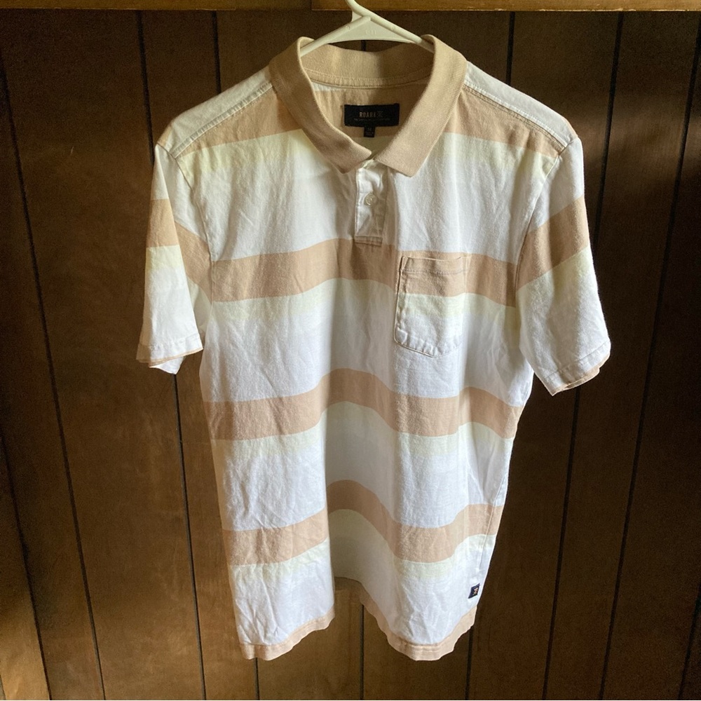 Roark Polo Shirt Mens L White Beige Striped Short Sleeve Hiking Outdoors Camping